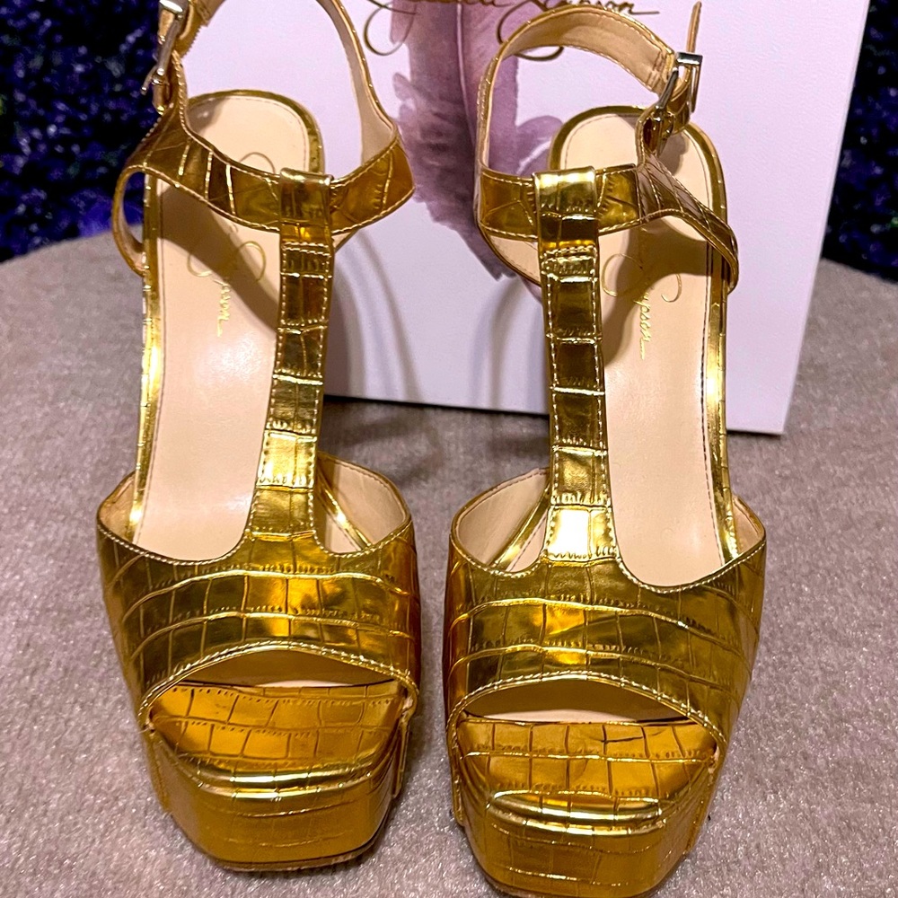 Jessica Simpson Gold wedge sandals Sz 10 preowned